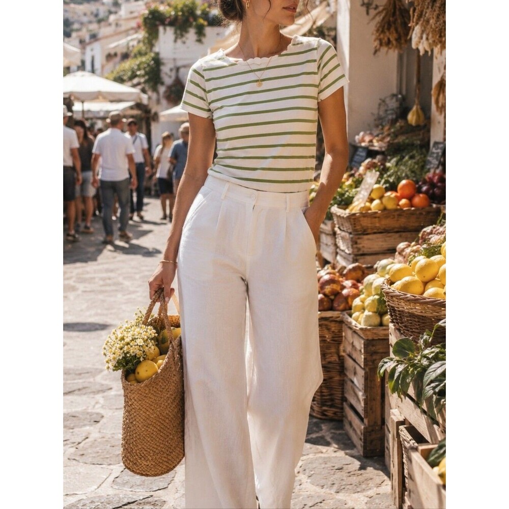 Talbots Green White Stripe Scalloped Neck Shirt L 100% Pima Cotton Mediterranean